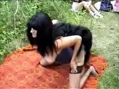 Slutty girlfriend wears wicked dark haunch high nylons for outdoor bestiality sex with dog